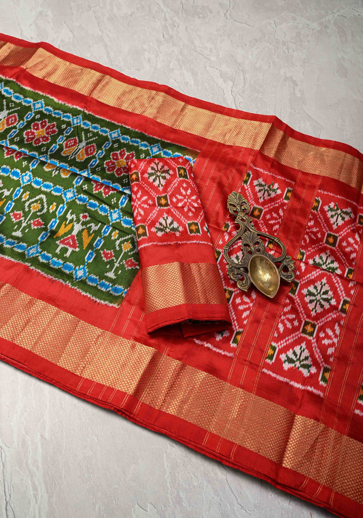Sap Green Pochampally Ikkat Pure Silk Saree Patola Brocade and Contrast Zari Border | SILK MARK CERTIFIED