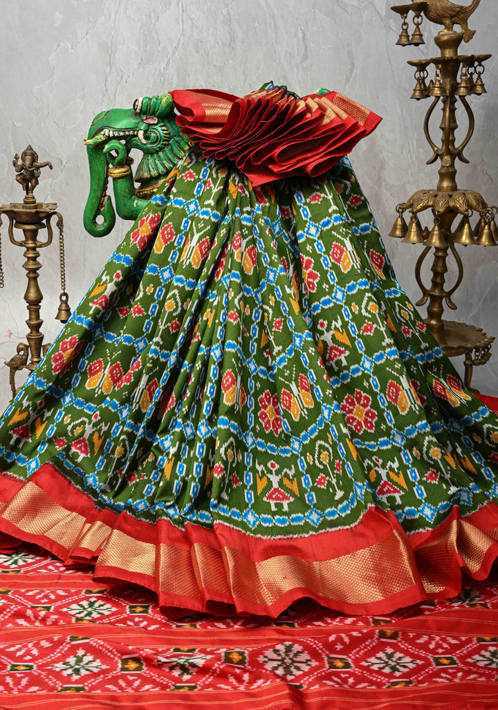 Sap Green Pochampally Ikkat Pure Silk Saree Patola Brocade and Contrast Zari Border | SILK MARK CERTIFIED