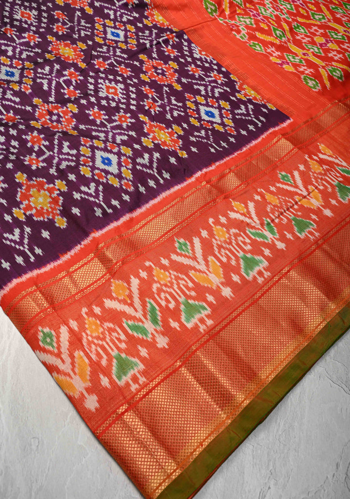 Purple Ikkat Patola Kanjivaram Fusion Silk Saree with Tissue Panel and Zari Border | SILK MARK CERTIFIED