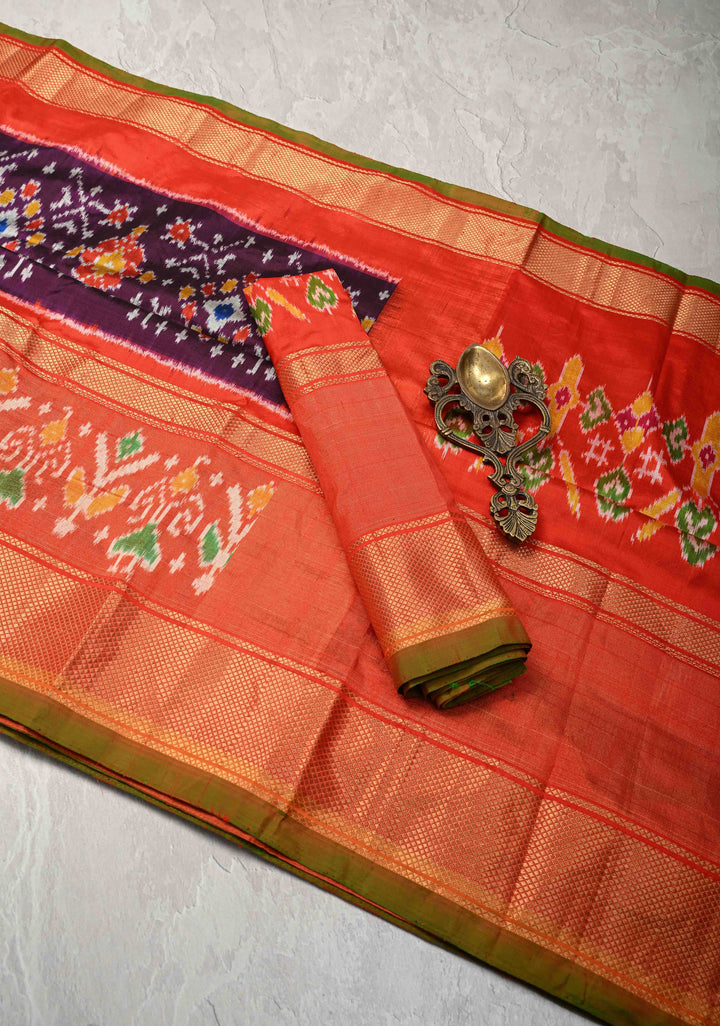 Purple Ikkat Patola Kanjivaram Fusion Silk Saree with Tissue Panel and Zari Border | SILK MARK CERTIFIED