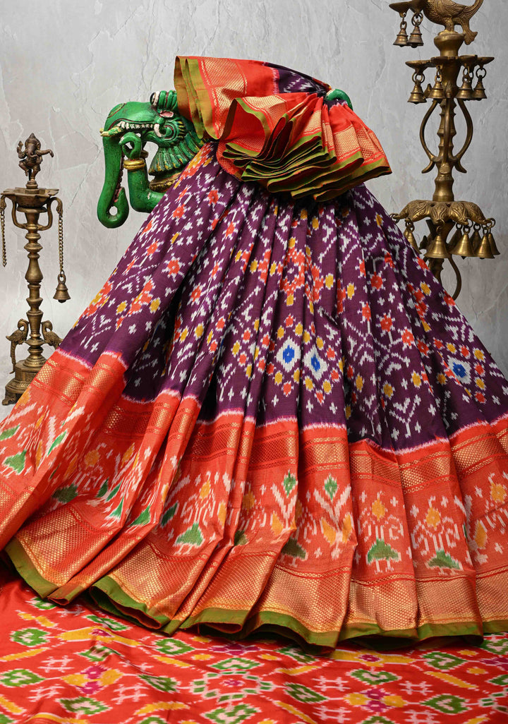 Purple Ikkat Patola Kanjivaram Fusion Silk Saree with Tissue Panel and Zari Border | SILK MARK CERTIFIED