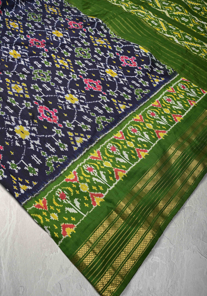 Midnight Blue Pochampally Ikkat Pure Silk Saree with Brocade and Zari Border | SILK MARK CERTIFIED