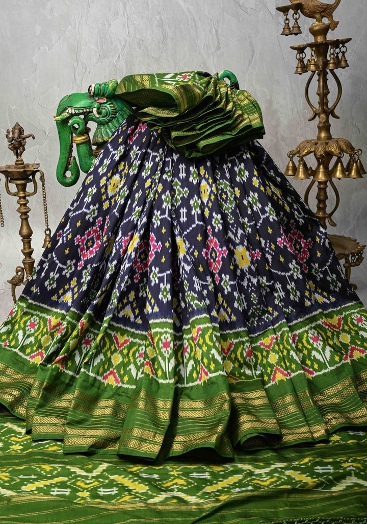 Midnight Blue Pochampally Ikkat Pure Silk Saree with Brocade and Zari Border | SILK MARK CERTIFIED