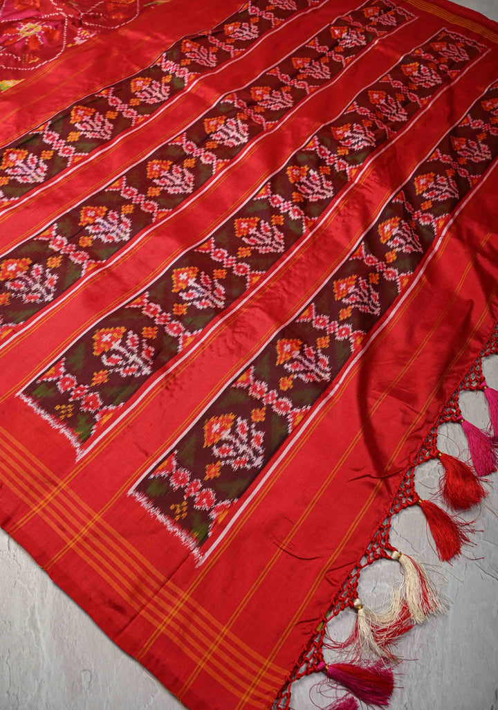 Surajmukhi Chilly Red Pochampally Ikkat Pure Silk Zariless Saree with Sunflower Patola Design and Border  | SILK MARK CERTIFIED