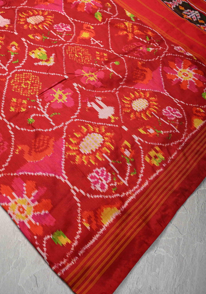 Surajmukhi Chilly Red Pochampally Ikkat Pure Silk Zariless Saree with Sunflower Patola Design and Border  | SILK MARK CERTIFIED