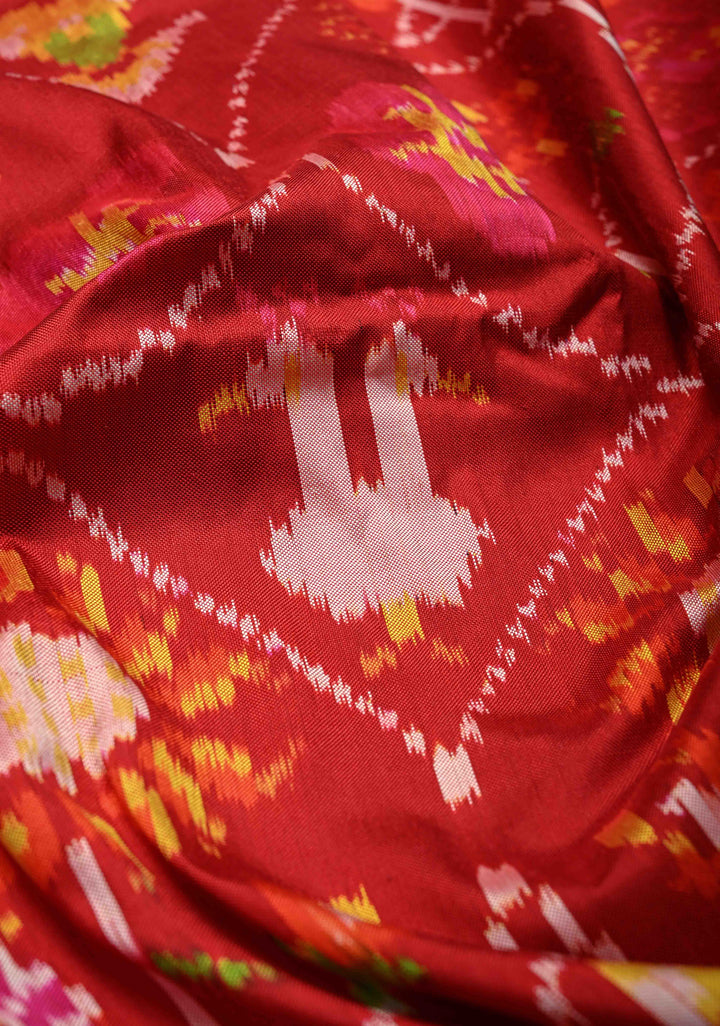 Surajmukhi Chilly Red Pochampally Ikkat Pure Silk Zariless Saree with Sunflower Patola Design and Border  | SILK MARK CERTIFIED