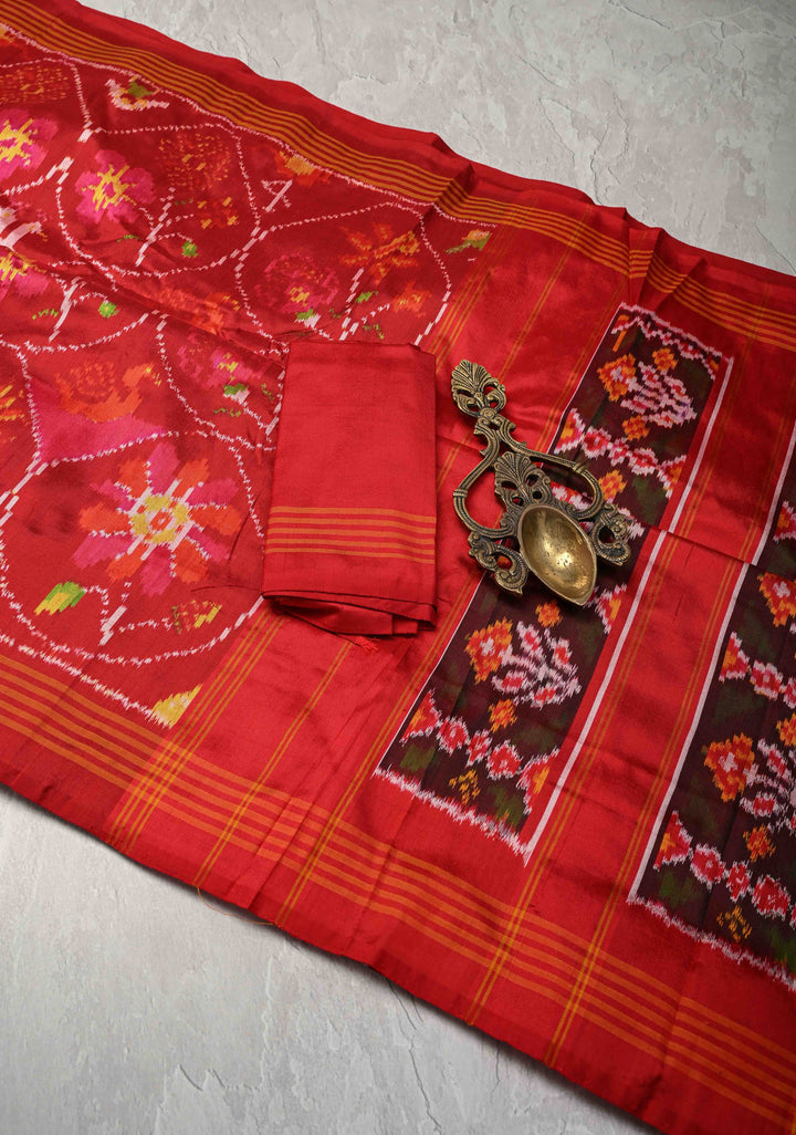 Surajmukhi Chilly Red Pochampally Ikkat Pure Silk Zariless Saree with Sunflower Patola Design and Border  | SILK MARK CERTIFIED