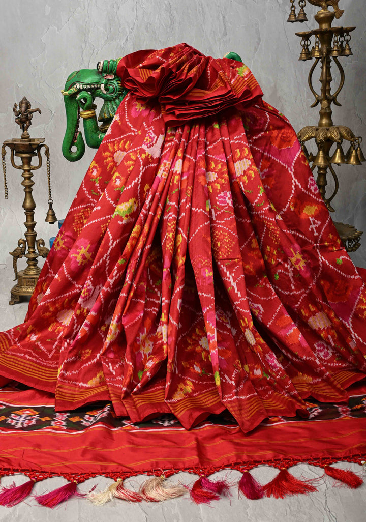 Surajmukhi Chilly Red Pochampally Ikkat Pure Silk Zariless Saree with Sunflower Patola Design and Border  | SILK MARK CERTIFIED