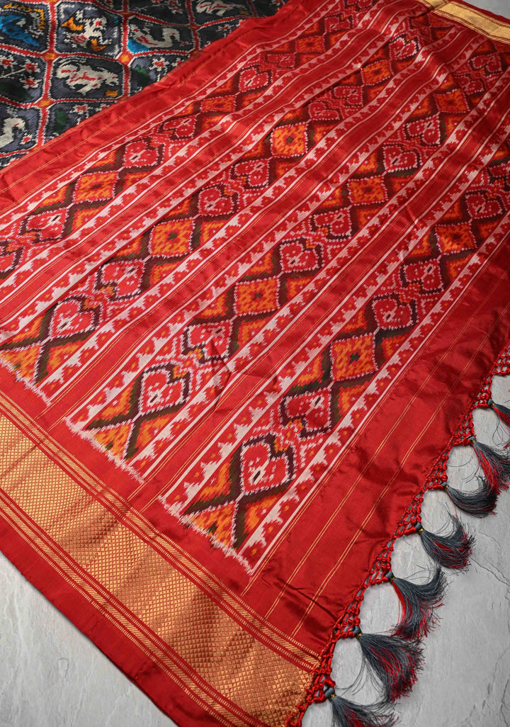 Black-Gray Pochampally Ikkat Pure Silk Saree Patola Brocade and Contrast Zari Border | SILK MARK CERTIFIED