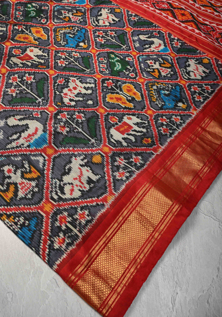 Black-Gray Pochampally Ikkat Pure Silk Saree Patola Brocade and Contrast Zari Border | SILK MARK CERTIFIED