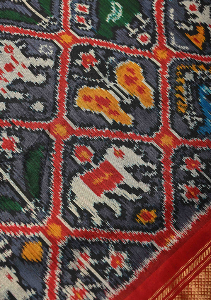 Black-Gray Pochampally Ikkat Pure Silk Saree Patola Brocade and Contrast Zari Border | SILK MARK CERTIFIED