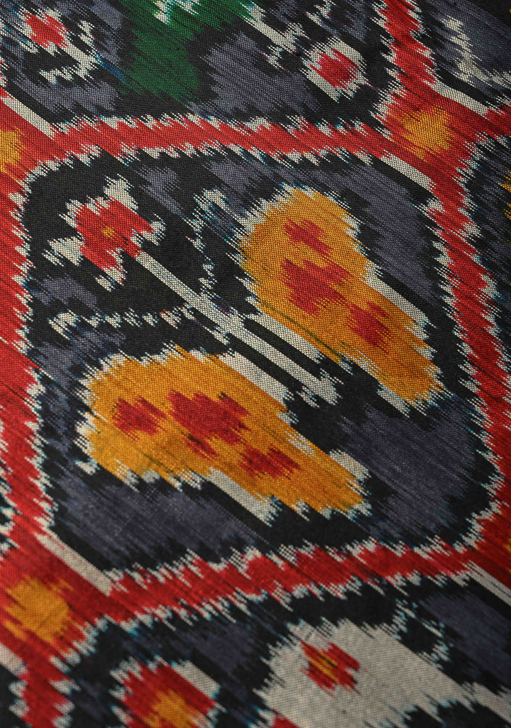 Black-Gray Pochampally Ikkat Pure Silk Saree Patola Brocade and Contrast Zari Border | SILK MARK CERTIFIED