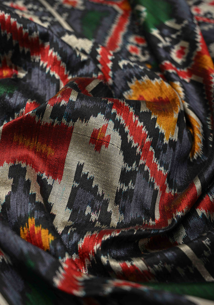 Black-Gray Pochampally Ikkat Pure Silk Saree Patola Brocade and Contrast Zari Border | SILK MARK CERTIFIED