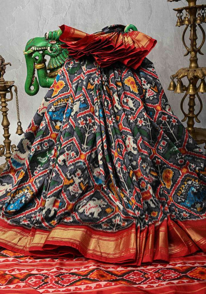 Black-Gray Pochampally Ikkat Pure Silk Saree Patola Brocade and Contrast Zari Border | SILK MARK CERTIFIED