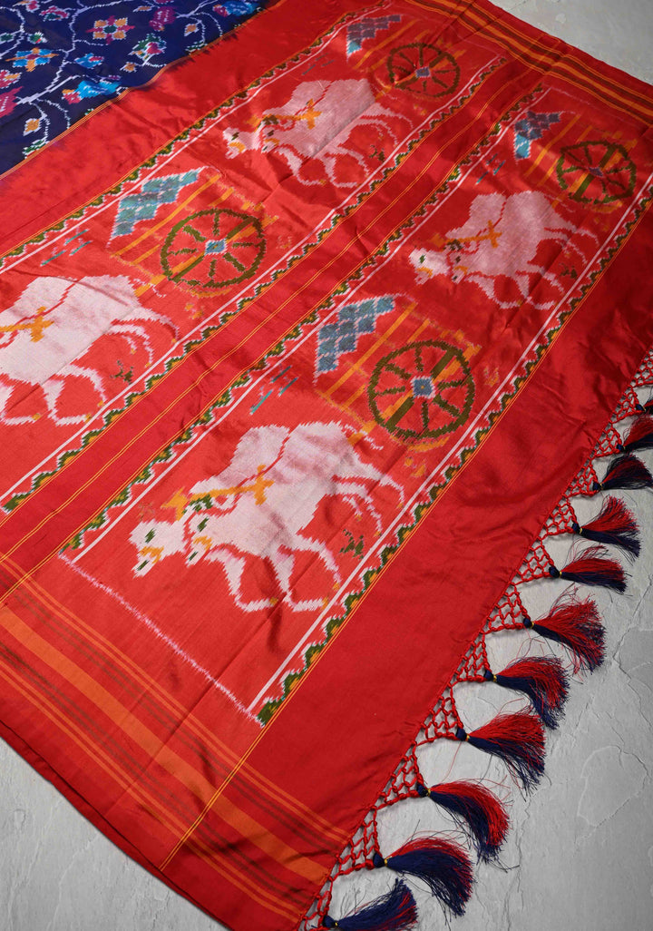 Midnight Purple Pochampally Ikkat Pure Silk Saree with Floral Jaal and Contrast Border | SILK MARK CERTIFIED