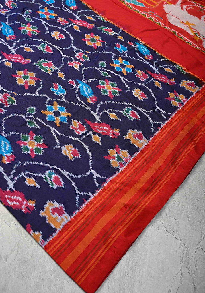 Midnight Purple Pochampally Ikkat Pure Silk Saree with Floral Jaal and Contrast Border | SILK MARK CERTIFIED