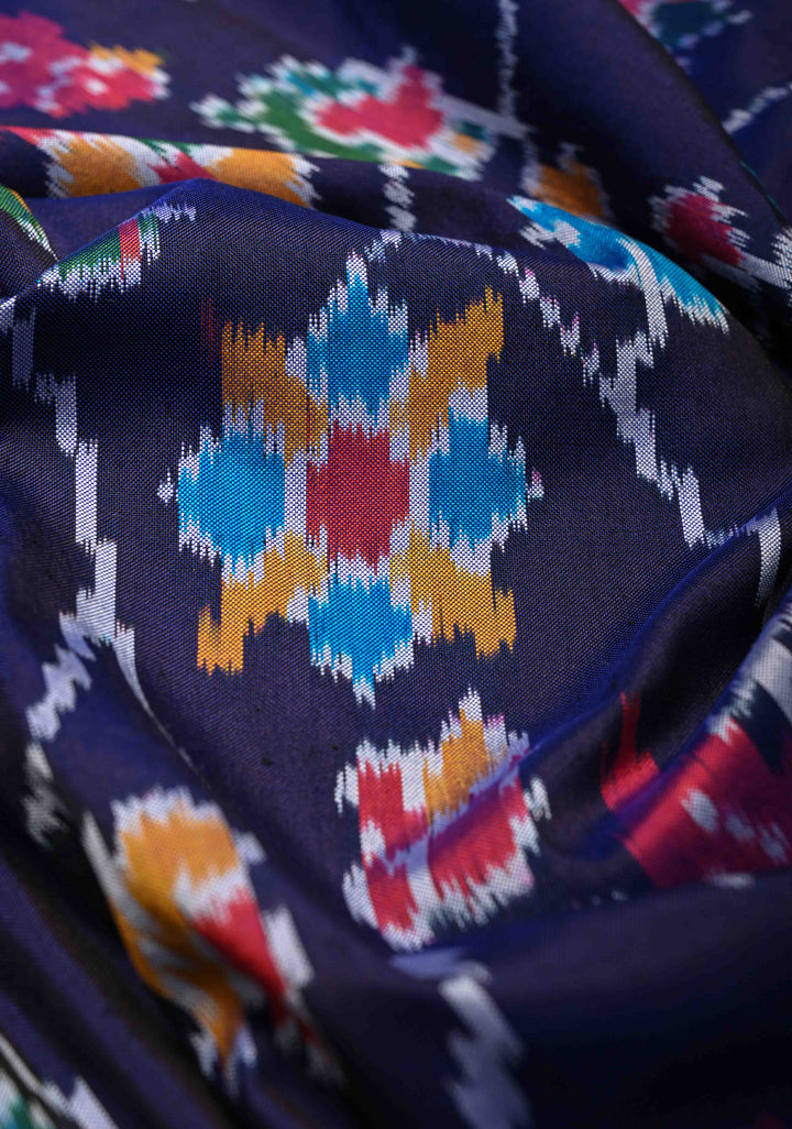 Midnight Purple Pochampally Ikkat Pure Silk Saree with Floral Jaal and Contrast Border | SILK MARK CERTIFIED