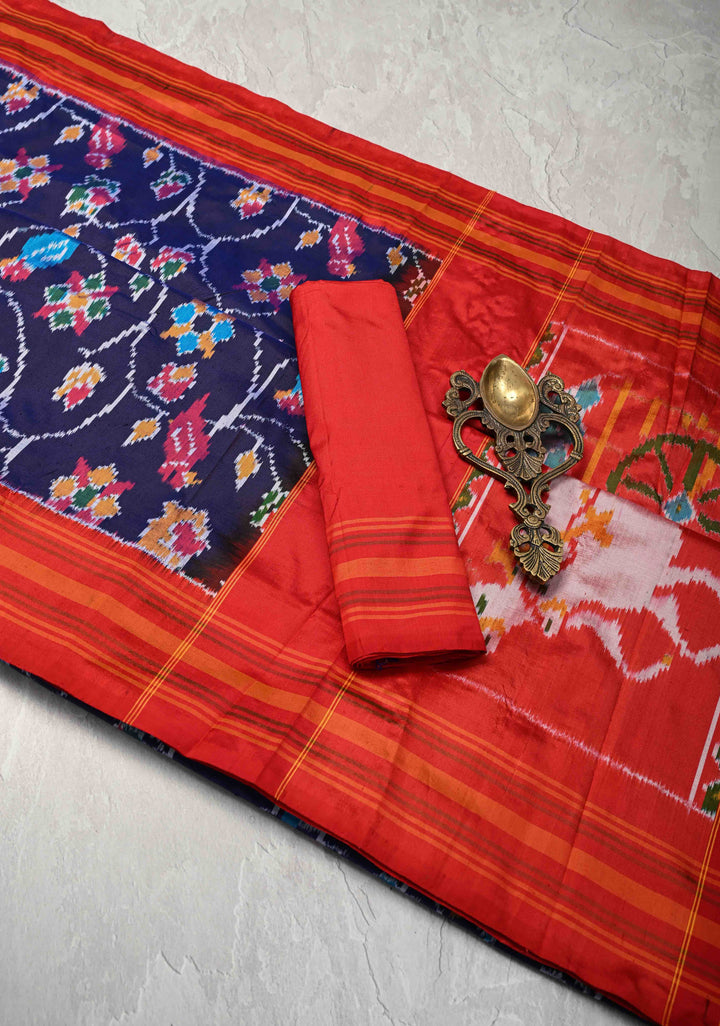 Midnight Purple Pochampally Ikkat Pure Silk Saree with Floral Jaal and Contrast Border | SILK MARK CERTIFIED