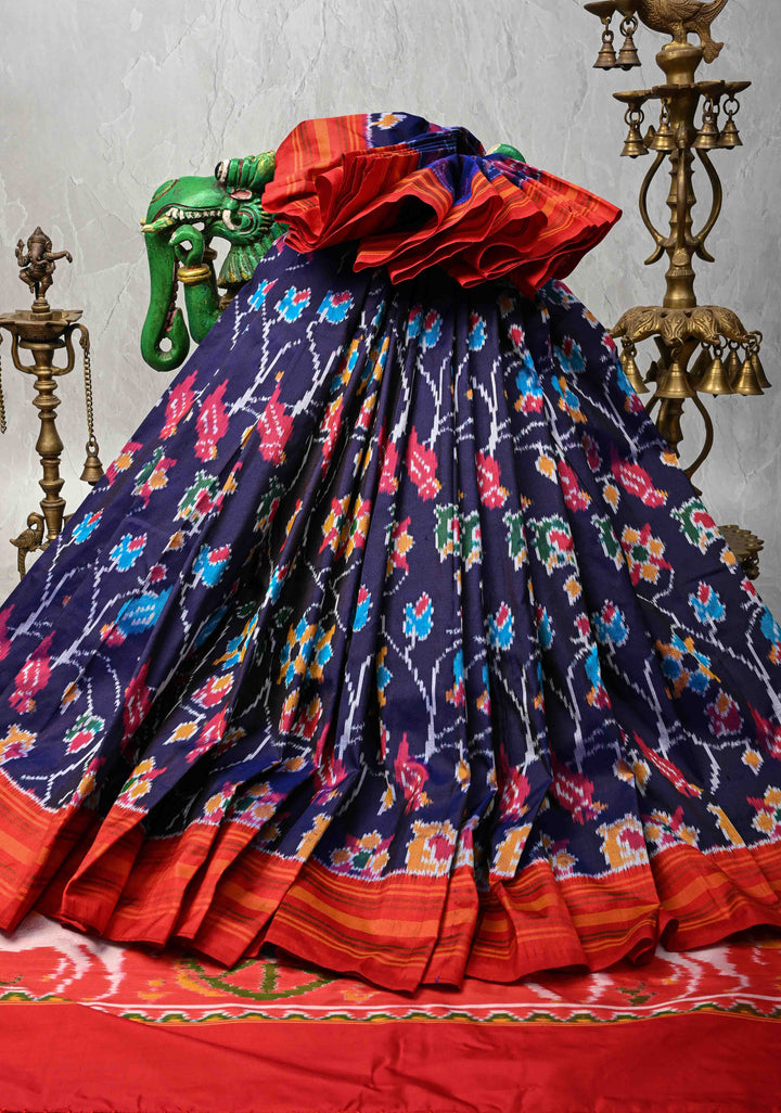 Midnight Purple Pochampally Ikkat Pure Silk Saree with Floral Jaal and Contrast Border | SILK MARK CERTIFIED