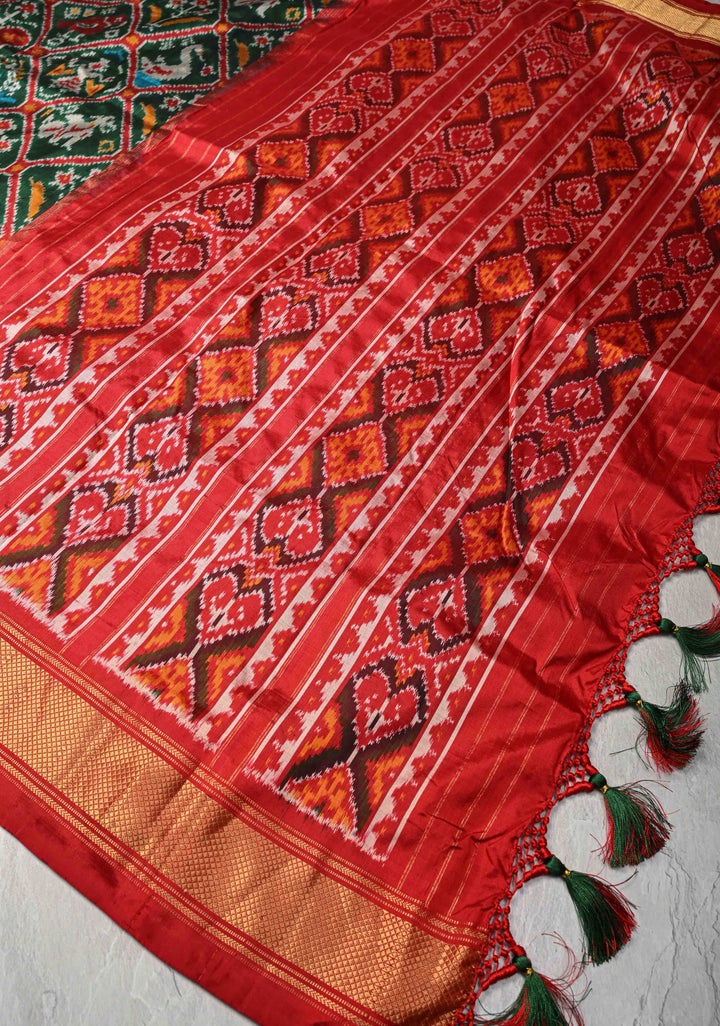 Green  Pochampally Ikkat Pure Silk Saree Patola Brocade and Contrast Zari Border | SILK MARK CERTIFIED