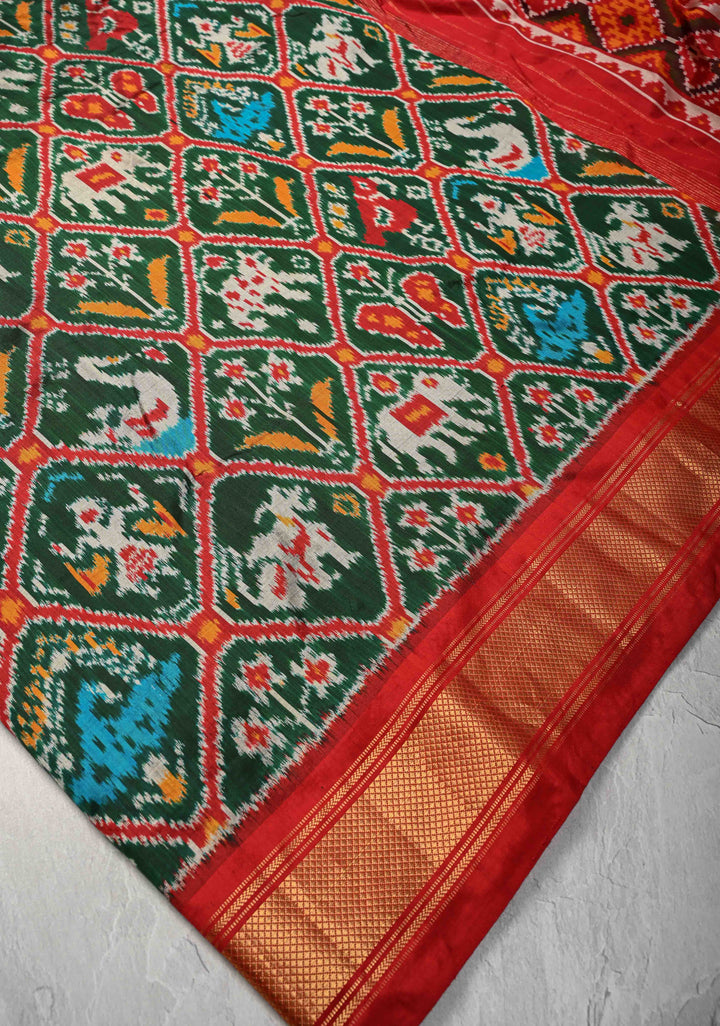 Green  Pochampally Ikkat Pure Silk Saree Patola Brocade and Contrast Zari Border | SILK MARK CERTIFIED