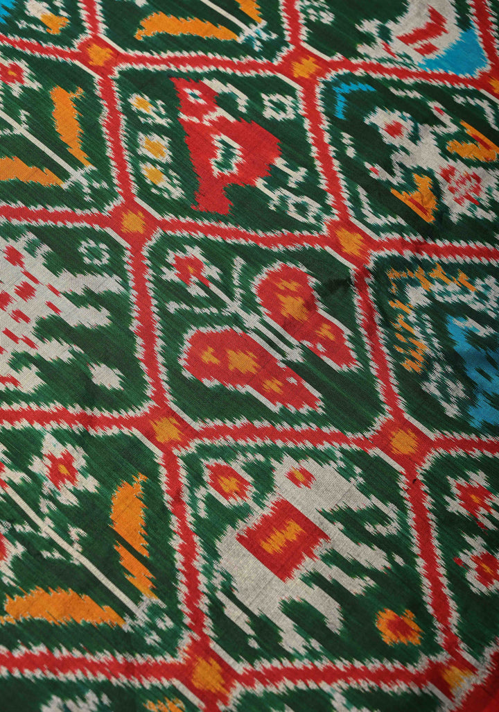 Green  Pochampally Ikkat Pure Silk Saree Patola Brocade and Contrast Zari Border | SILK MARK CERTIFIED