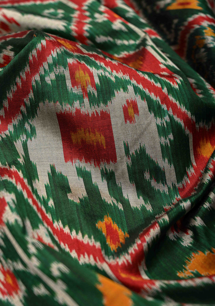 Green  Pochampally Ikkat Pure Silk Saree Patola Brocade and Contrast Zari Border | SILK MARK CERTIFIED