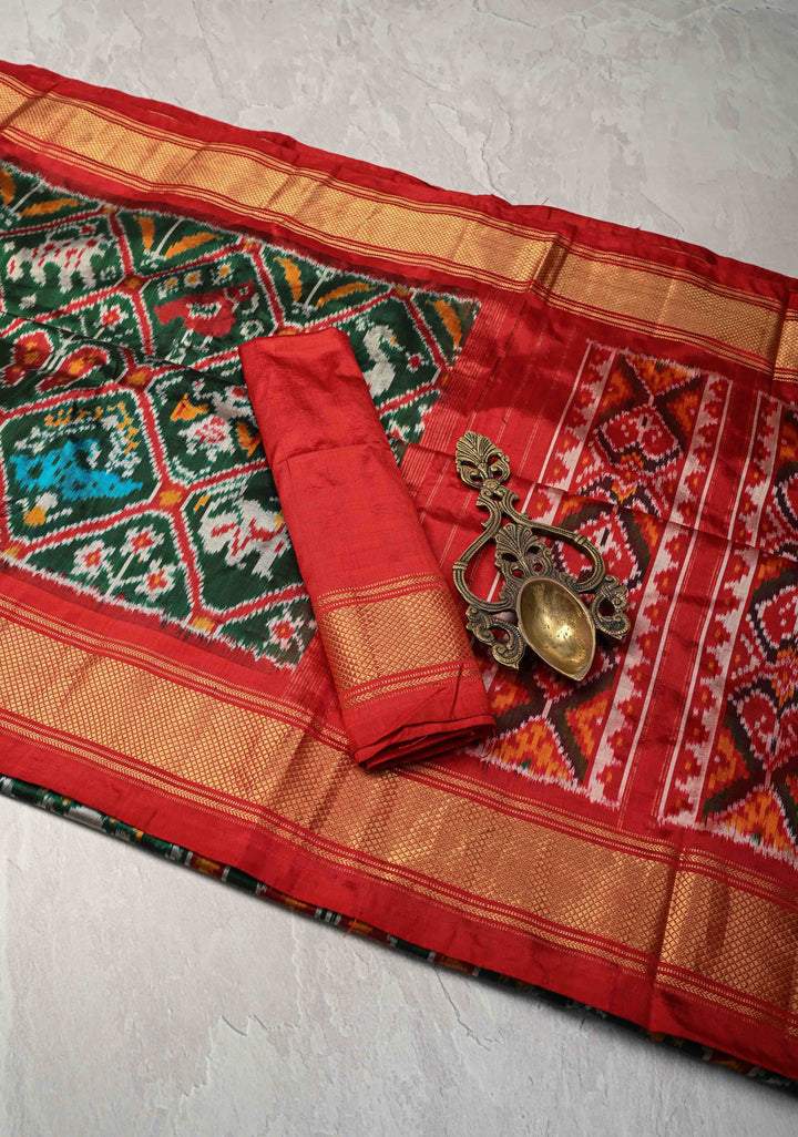 Green  Pochampally Ikkat Pure Silk Saree Patola Brocade and Contrast Zari Border | SILK MARK CERTIFIED