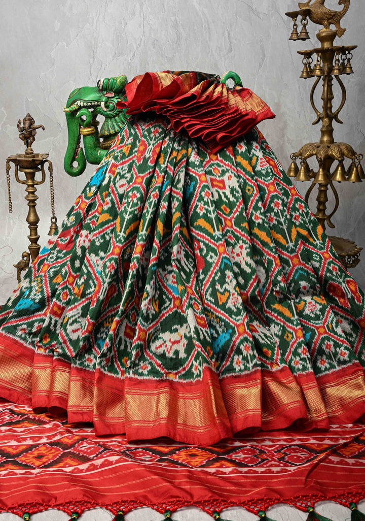 Green  Pochampally Ikkat Pure Silk Saree Patola Brocade and Contrast Zari Border | SILK MARK CERTIFIED