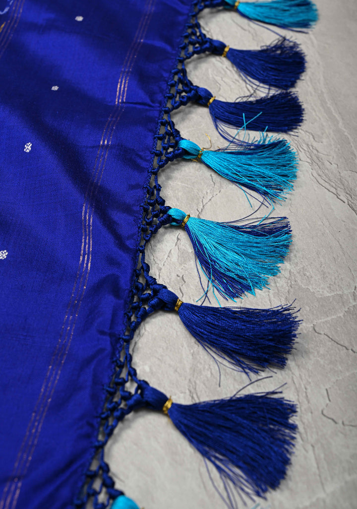 Ananda Blue Pochampally Ikkat Pure Silk Saree with Geometric Motifs and Zari Border | SILK MARK CERTIFIED