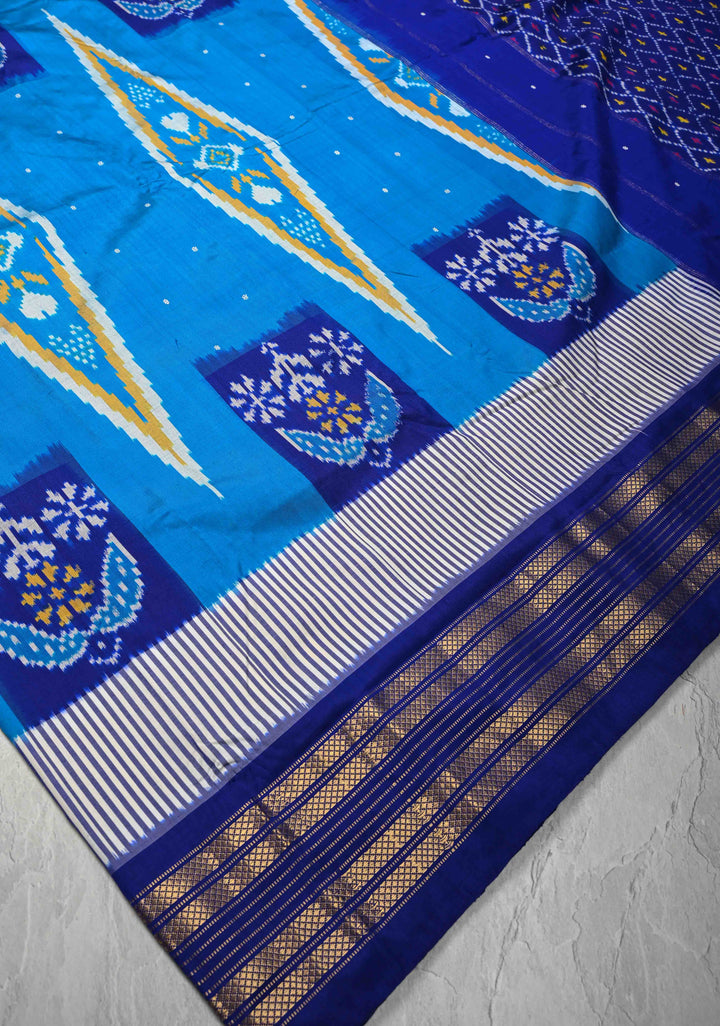 Ananda Blue Pochampally Ikkat Pure Silk Saree with Geometric Motifs and Zari Border | SILK MARK CERTIFIED