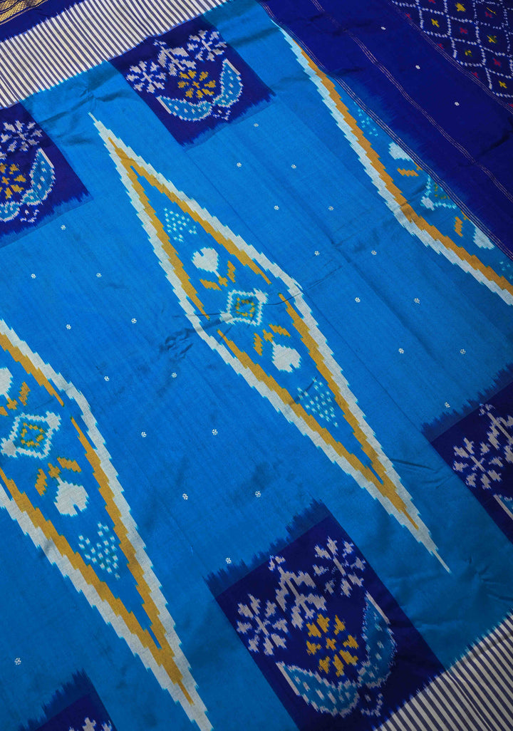 Ananda Blue Pochampally Ikkat Pure Silk Saree with Geometric Motifs and Zari Border | SILK MARK CERTIFIED