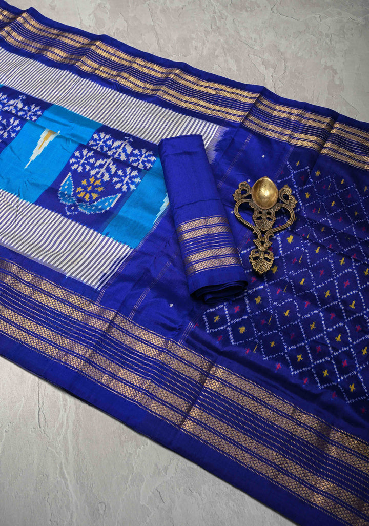 Ananda Blue Pochampally Ikkat Pure Silk Saree with Geometric Motifs and Zari Border | SILK MARK CERTIFIED