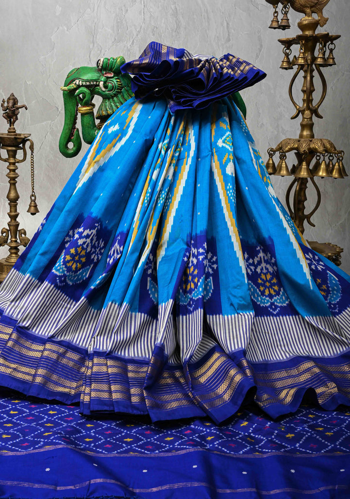 Ananda Blue Pochampally Ikkat Pure Silk Saree with Geometric Motifs and Zari Border | SILK MARK CERTIFIED