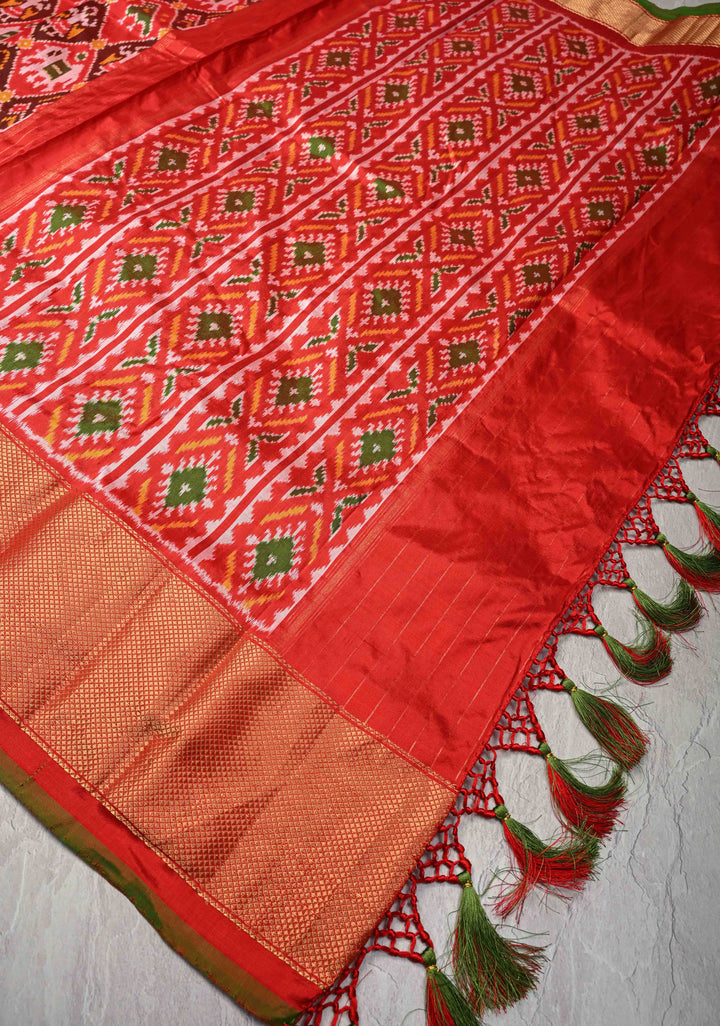 Red Pochampally Ikkat Pure Silk Saree with Patola Brocade and Zari Border  | SILK MARK CERTIFIED