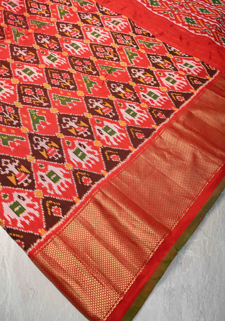 Red Pochampally Ikkat Pure Silk Saree with Patola Brocade and Zari Border  | SILK MARK CERTIFIED