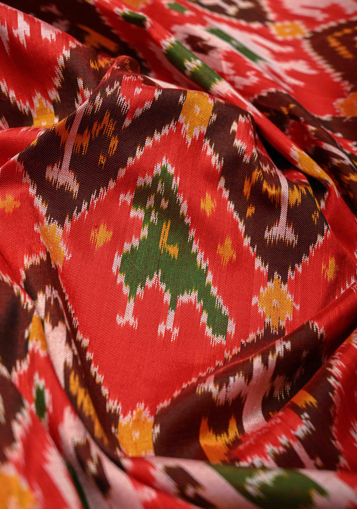 Red Pochampally Ikkat Pure Silk Saree with Patola Brocade and Zari Border  | SILK MARK CERTIFIED