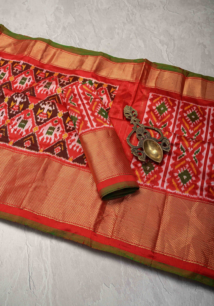 Red Pochampally Ikkat Pure Silk Saree with Patola Brocade and Zari Border  | SILK MARK CERTIFIED