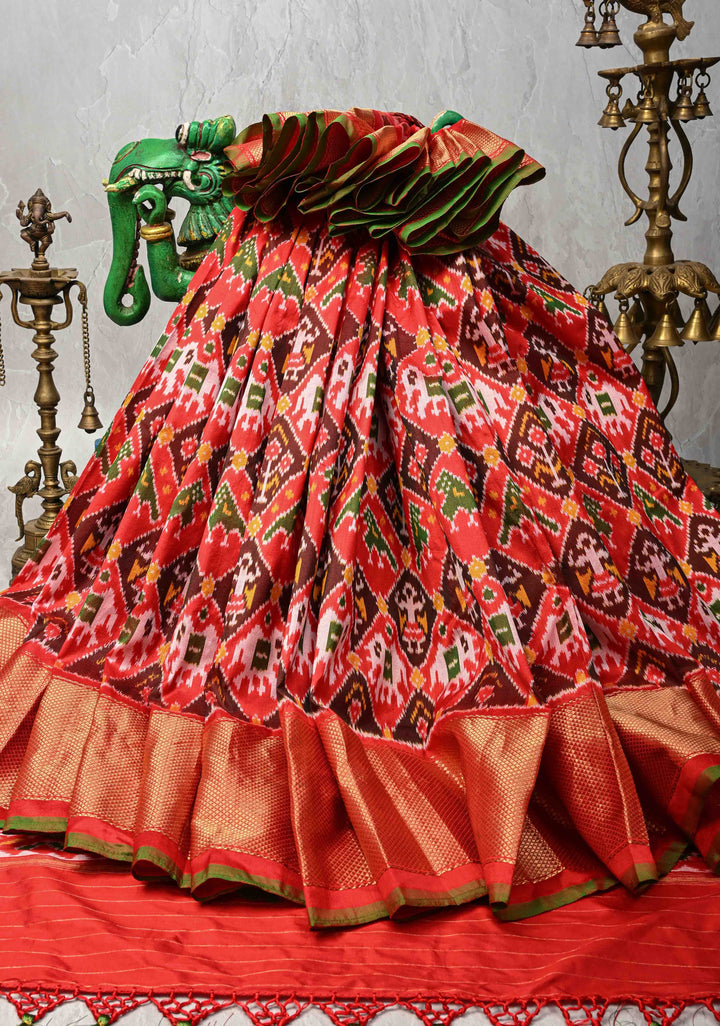 Red Pochampally Ikkat Pure Silk Saree with Patola Brocade and Zari Border  | SILK MARK CERTIFIED