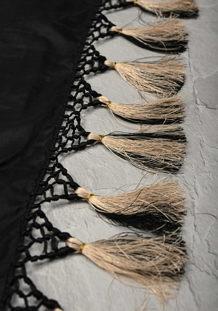 Beige Pochampally Ikkat Pure Silk Saree with Black Border | SILK MARK CERTIFIED