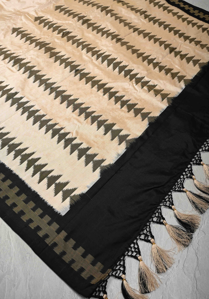 Beige Pochampally Ikkat Pure Silk Saree with Black Border | SILK MARK CERTIFIED