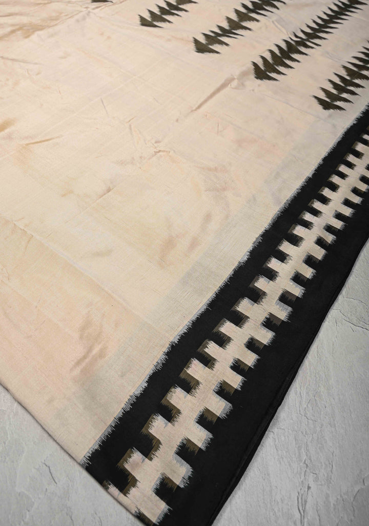 Beige Pochampally Ikkat Pure Silk Saree with Black Border | SILK MARK CERTIFIED