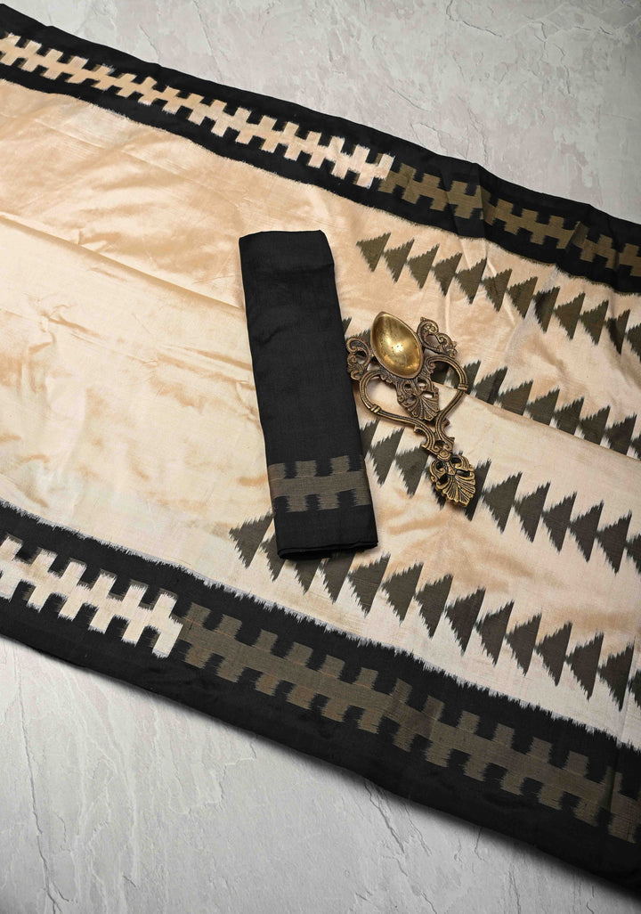 Beige Pochampally Ikkat Pure Silk Saree with Black Border | SILK MARK CERTIFIED