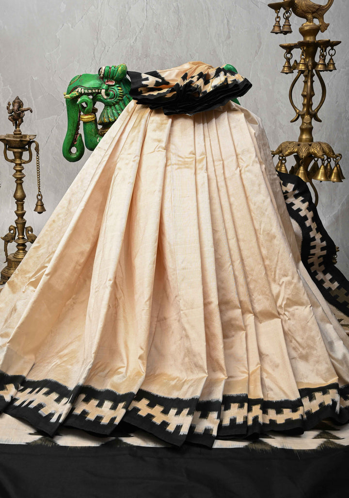 Beige Pochampally Ikkat Pure Silk Saree with Black Border | SILK MARK CERTIFIED