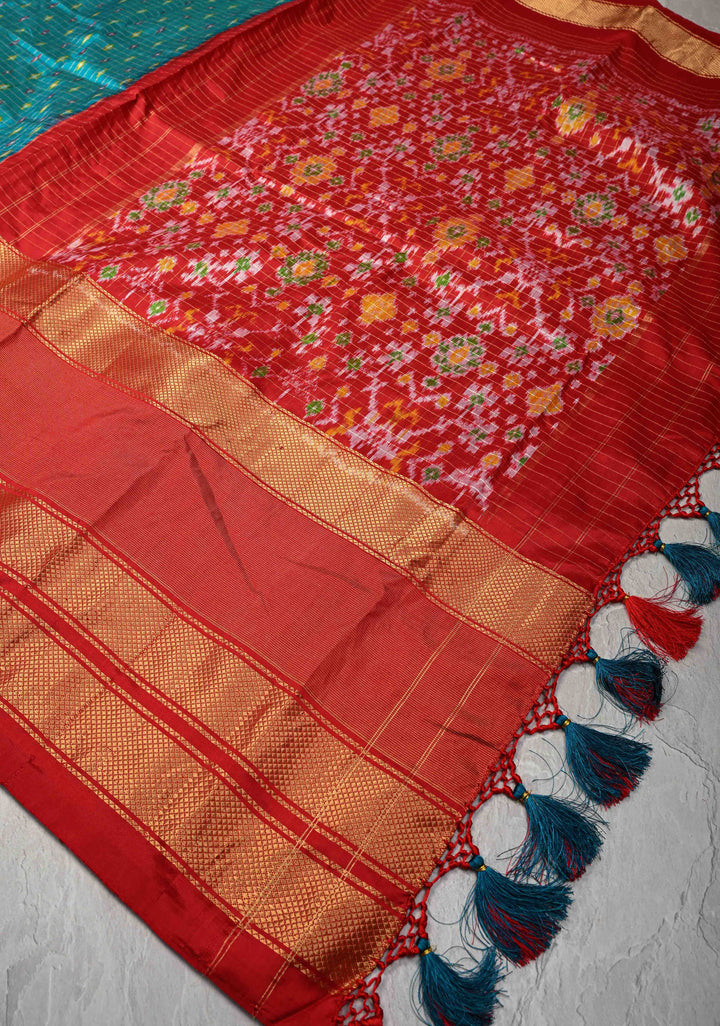 Rama Green Zari Checks on Pochampally Ikkat Pure Silk Saree with Panel and Zari Border | SILK MARK CERTIFIED