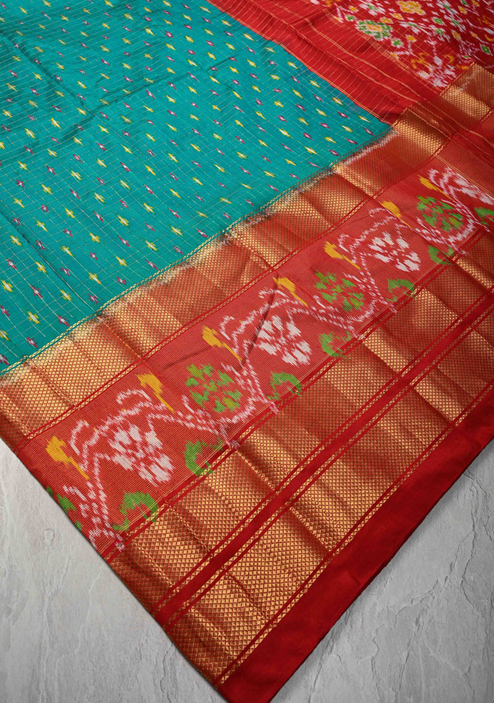 Rama Green Zari Checks on Pochampally Ikkat Pure Silk Saree with Panel and Zari Border | SILK MARK CERTIFIED