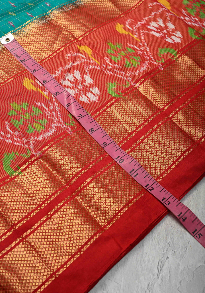 Rama Green Zari Checks on Pochampally Ikkat Pure Silk Saree with Panel and Zari Border | SILK MARK CERTIFIED