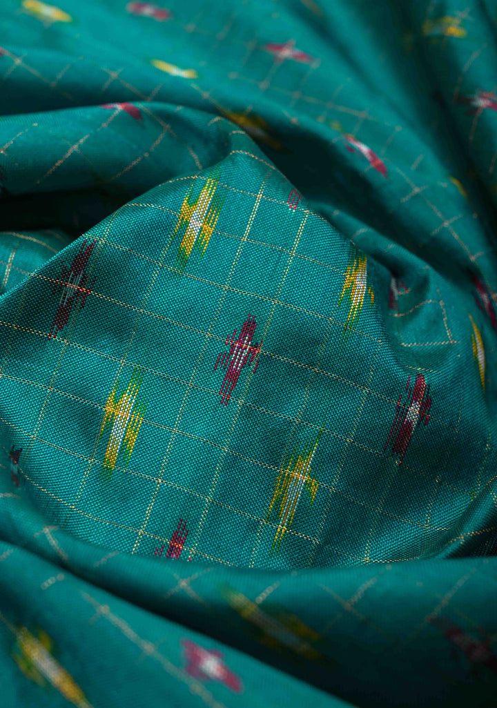 Rama Green Zari Checks on Pochampally Ikkat Pure Silk Saree with Panel and Zari Border | SILK MARK CERTIFIED