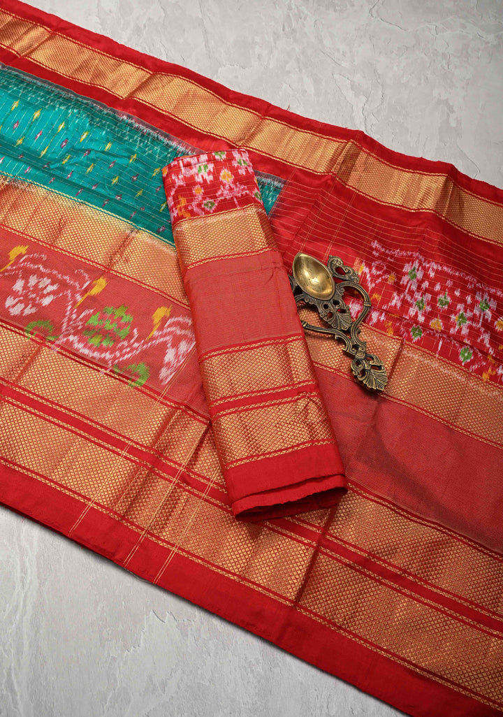 Rama Green Zari Checks on Pochampally Ikkat Pure Silk Saree with Panel and Zari Border | SILK MARK CERTIFIED