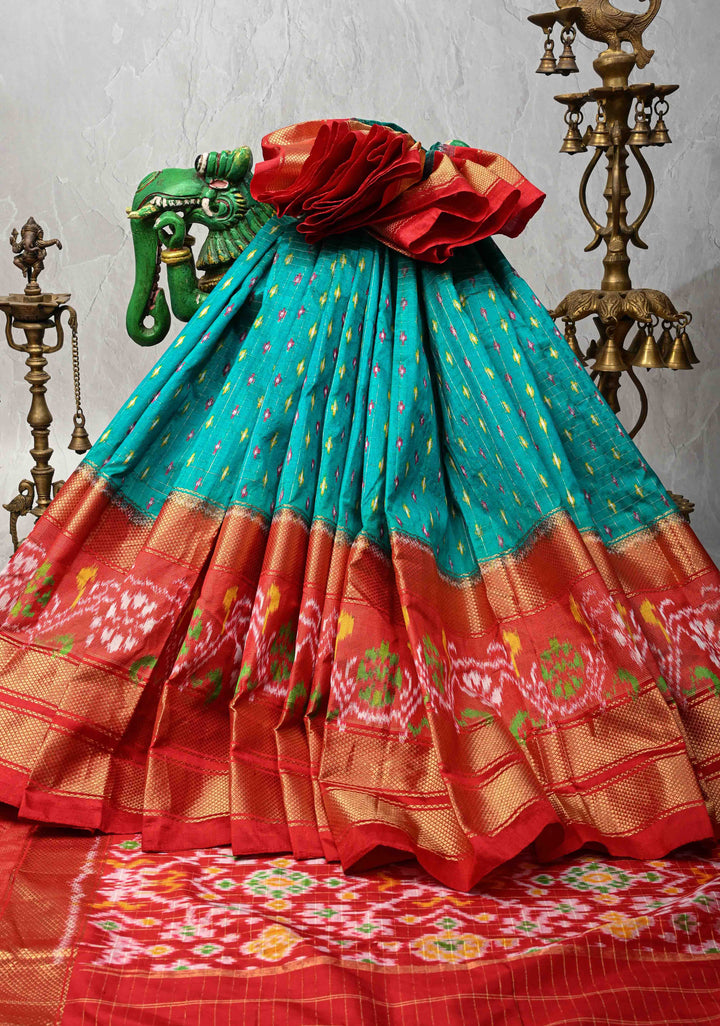 Rama Green Zari Checks on Pochampally Ikkat Pure Silk Saree with Panel and Zari Border | SILK MARK CERTIFIED